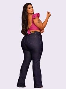 Plus Size Flare Bootcut Vintage High Waist Jeans - Azul lavado oscuro - Ver 2