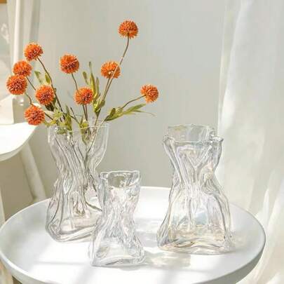 1pc Pleated Transparent Glass Vase, Artificial Flower Decoration Vase, Suitable For Home Decor, Tabletop Decor Room Decor Flower Vase
