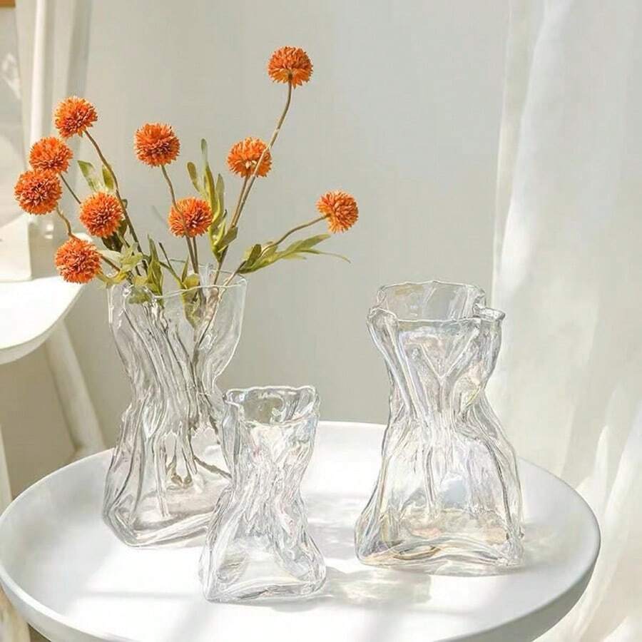 1pc Pleated Transparent Glass Vase, Artificial Flower Decoration Vase, Suitable For Home Decor, Tabletop Decor Room Decor Flower Vase - Multicolor - View 1