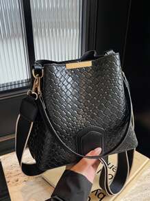 新款时尚小众时尚休闲百搭复古经典高端防水水桶包，配有宽肩带，适合女士，适合办公室、约会、购物、日常使用 - 黑色 - 查看 8