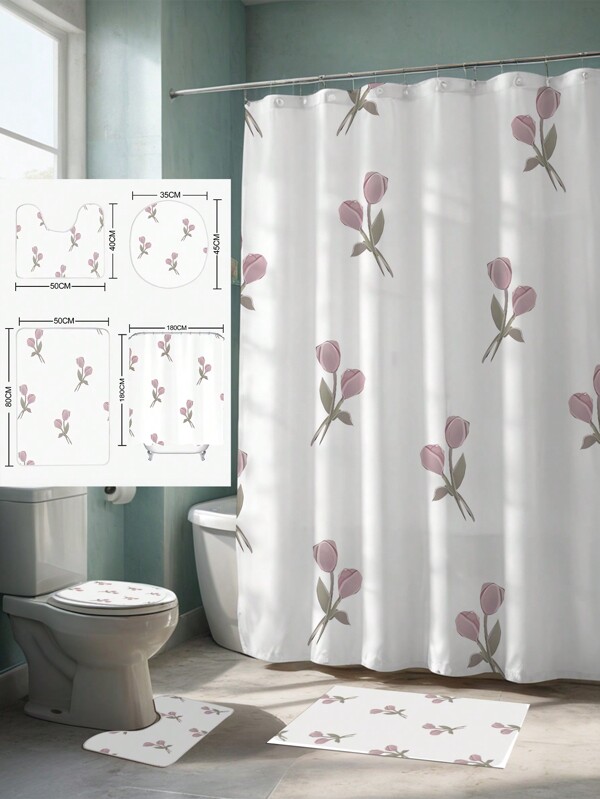 1 Stück Schöner rosa floraler bedruckter Duschvorhang mit 12 Haken, schimmelresistent, wasserdicht, Badezimmer Dekoration, moderner Duschvorhang-Stil, ohne Bohrung benötigt, rutschfeste Badematte, Toilette-Vorleger