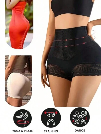 1 pieza Leggings de mujer con encaje, pantalones de control de abdomen de cintura alta sin costuras, ropa interior moldeadora que levanta el trasero, leggings negros