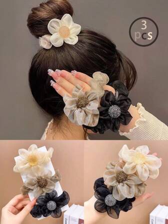 Juego De 3 Piezas De Accesorios Para El Cabello Floral Para Niñas Que Incluye Elástico De Cabello De Flores De Organza Beige, Clip De Cabello De Flores Marrón Y Una Banda De Cabello Negra Que Son Adecuados Para La Vida Diaria
