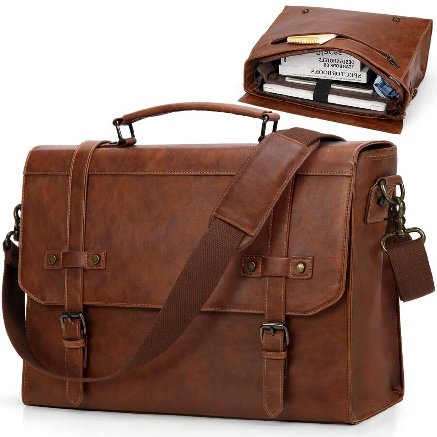 Mens Messenger Bag 17 Inch Waterproof Vintage Leather Laptop Briefcase Large Laptop Bag Satchel Bag Computer Shoulder Bag For Office Business Travel College - 棕色 - 查看 1