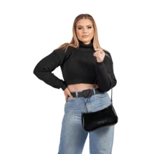 Cropped High Neck Long Sleeve Knitting - Black - View 1