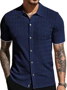 Men's Short-Sleeved Casual Knitted Textured Button-Down Polo Shirt (With Pockets) Suitable For Daily Wear And Travel - 藏蓝色 - 查看 1