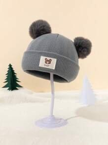 1 件装幼儿男孩冬季双绒球熊刺绣熊猫装饰保暖针织帽 - 1PC - 查看 5