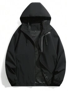 Boyfriend Style Men's Windproof Waterproof Hooded Jacket, Multi-Pocket Activewear, Suitable For Outdoor Sports, Casual, Spring/Autumn/Winter - Black - View 2