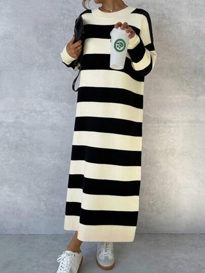 新款秋冬时尚休闲圆领撞色条纹长袖女装毛衣连衣裙