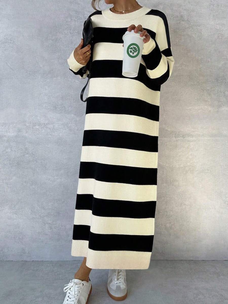 新款秋冬休閒拼接條紋圓領長袖針織毛衣洋裝，女款優雅秋季穿搭