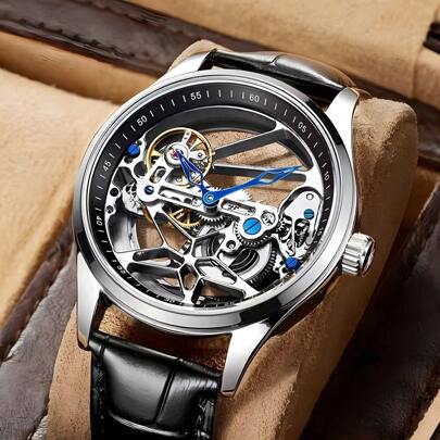 1pc Hollow-Out Five-Pointed Star Mechanical Men's Watch, Fashionable  Simple, Personality, Waterproof, Versatile, European  American Style