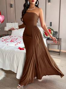 AIJ 不对称领口优雅长袖连衣裙 - 咖啡 - 查看 4