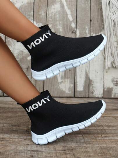 Women's New Style Black Boots Brown Boots Lettering Breathable Design Slip On Shoes Casual Sports Shoes Knitted Elastic Boot Tube Fashion Goes With Everything Youthful Vigor Sneakers Flat Shoes Women
