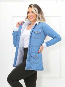 Women's Jeans Parka With Plush Details And Four Front Pockets - Màu xanh lam - Xem 2