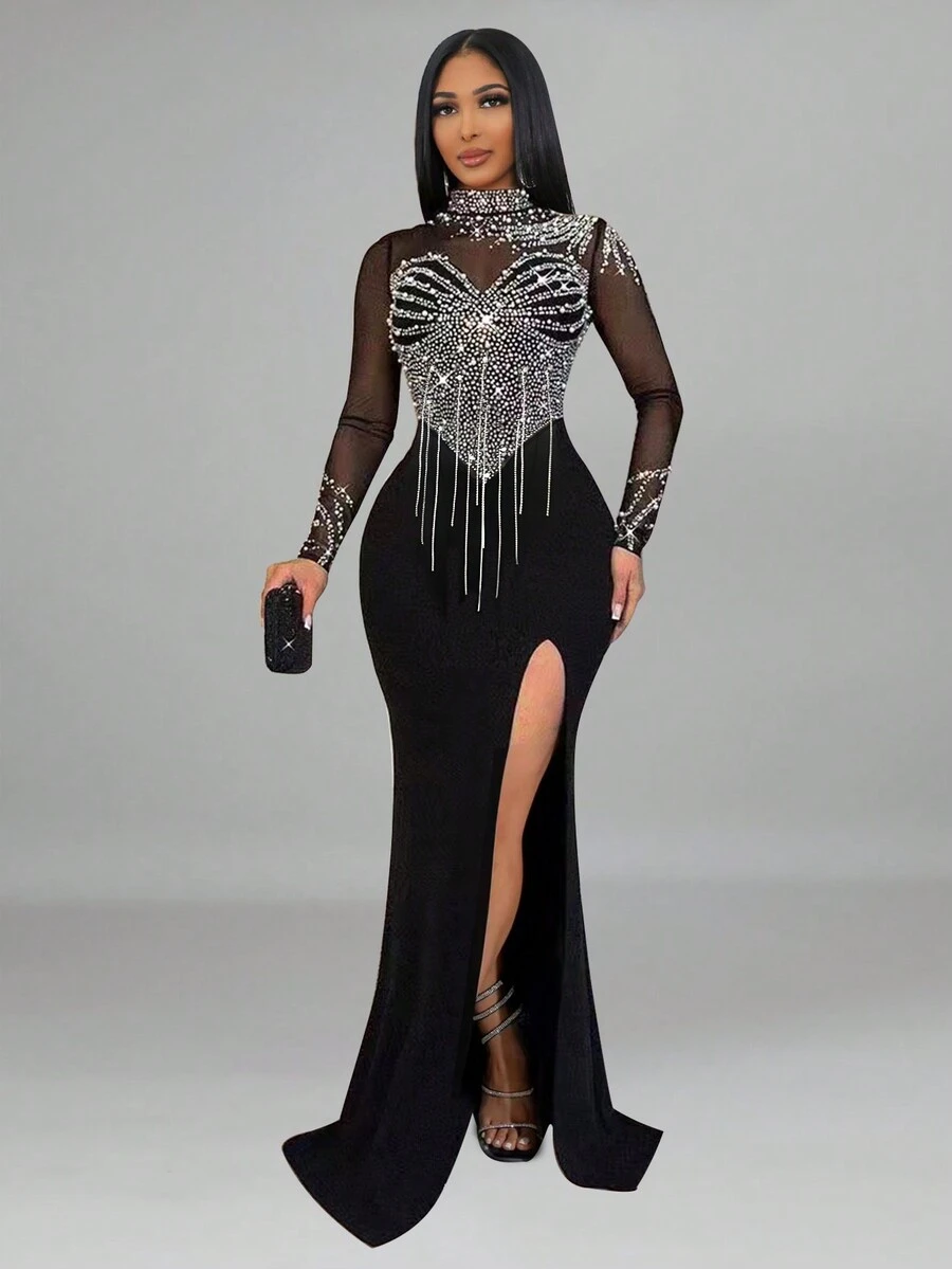 女式黑色长袖亮片立领派对连衣裙，大腿开叉，透视细节，适合晚装