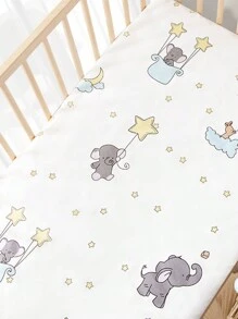 1pc 120 X 60 Cm All-Cartoon Crib Sheet & Mattress Cover Set, Breathable, Absorbent, Suitable For All Seasons, Cute Cartoon Print Design Love Valentine - Elephant - View 7