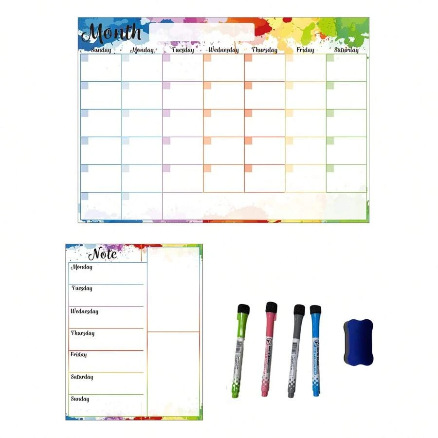 RONLADO Calendario Pizarron Blanco Magnetico con Calendarios Mensual,Semanal y Comestibles,Accesorios 4 plumones con imán + 1 borrador de Pizarra para Hogar,Oficina - Blanco - Ver 1