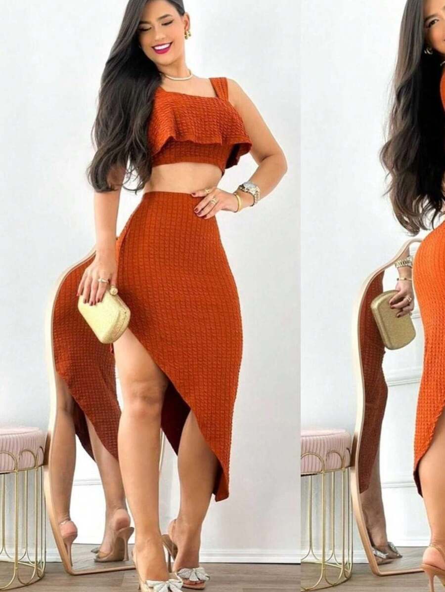 Elegatne Anaruga Skirt And Crop Top Set - Camel - View 1