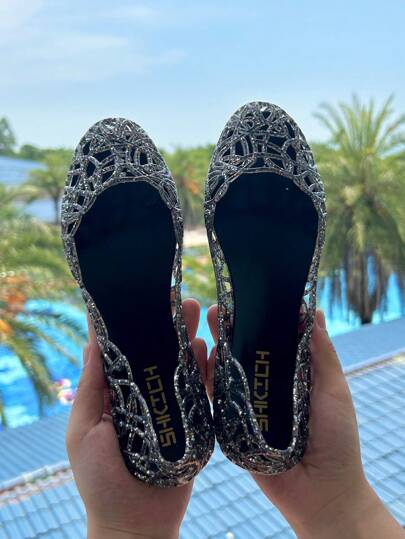 Women's Summer Hollow-Out Flat Crystal Jelly Sandals, Soft Closed Toe Beach Shoes