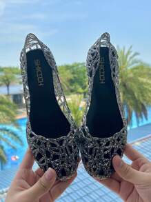 女士夏季镂空平底水晶果冻凉鞋，柔软封闭式鞋头沙滩鞋 - 黑色 - 查看 5