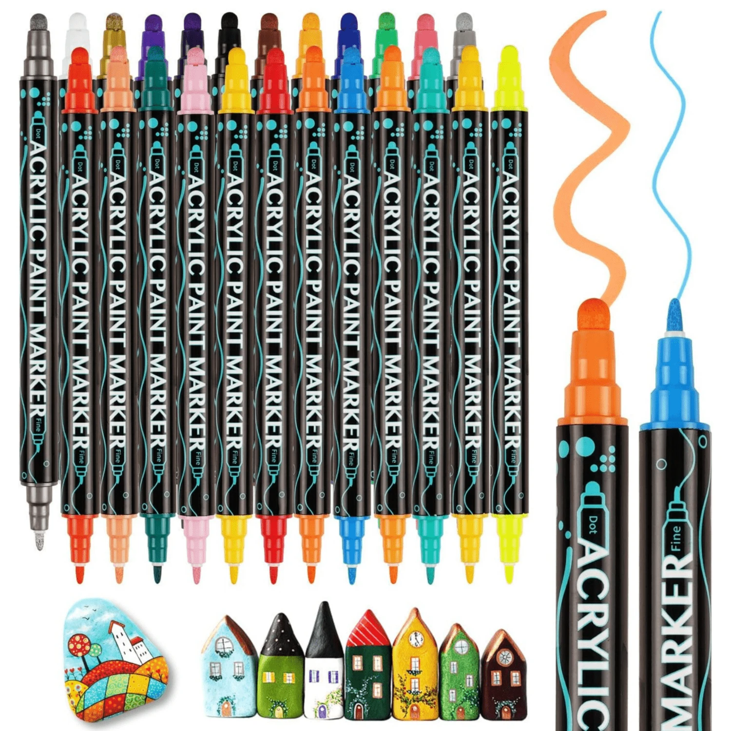 24 Colours Acrylic Paint Pens Set, Permanent Paint Markers For Rock Painting Stone Wood Glass Ceramic Canvas Metal, 1-5mm Waterproof Dual Tip Brush Pen, Acrylic Pens - Multicolor - View 1