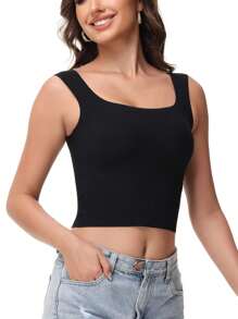 Women's Tight Fitted Widened Square Neck Tank Top With Built-In Bra Pads Sleeveless Air Touch Fabric - 黑色 - 查看 2