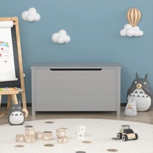 Valentines  Wooden Kids Toy Box Toy Storage With Safety Hinged Lid, White Color, Ages 2+, Spacious Toy Box With Easy Assembly, Size 31.50" X 13.00" X 16.70"White/Brown/Grey