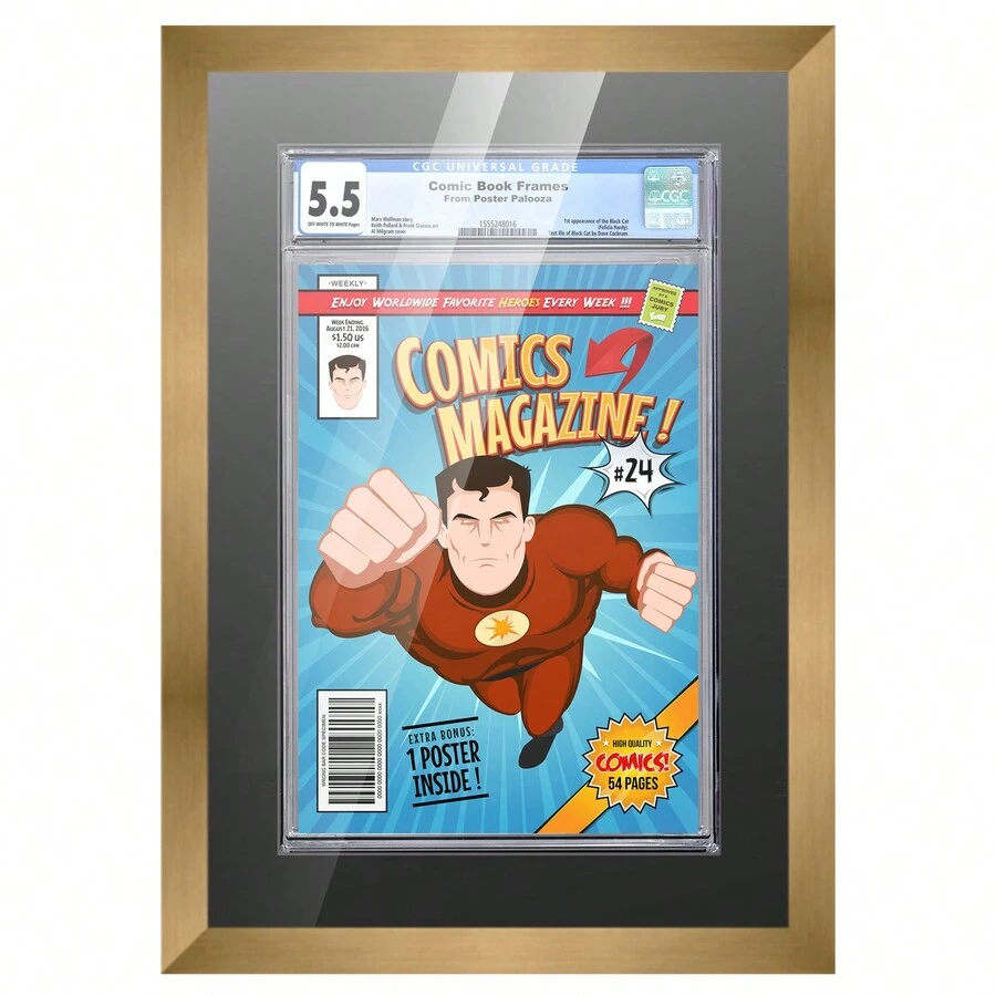 Marco de exhibición de cómic para cómics calificados por CGC PGX - Marco de cómic de madera bronceada con tapete negro para cómics de 8.125x13 - Marco de bronce con tapete negro - Ver 1