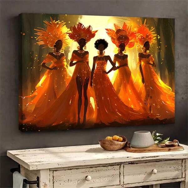 1pc Unique African Women's Canvas Art Poster - Bright Orange Clothing, Perfect For Home And Office Decoration, Wall Art Decoration, Canvas Wrapped Frame - Easy To Hang Fashionable Living Room And Bedroom Wall Decoration