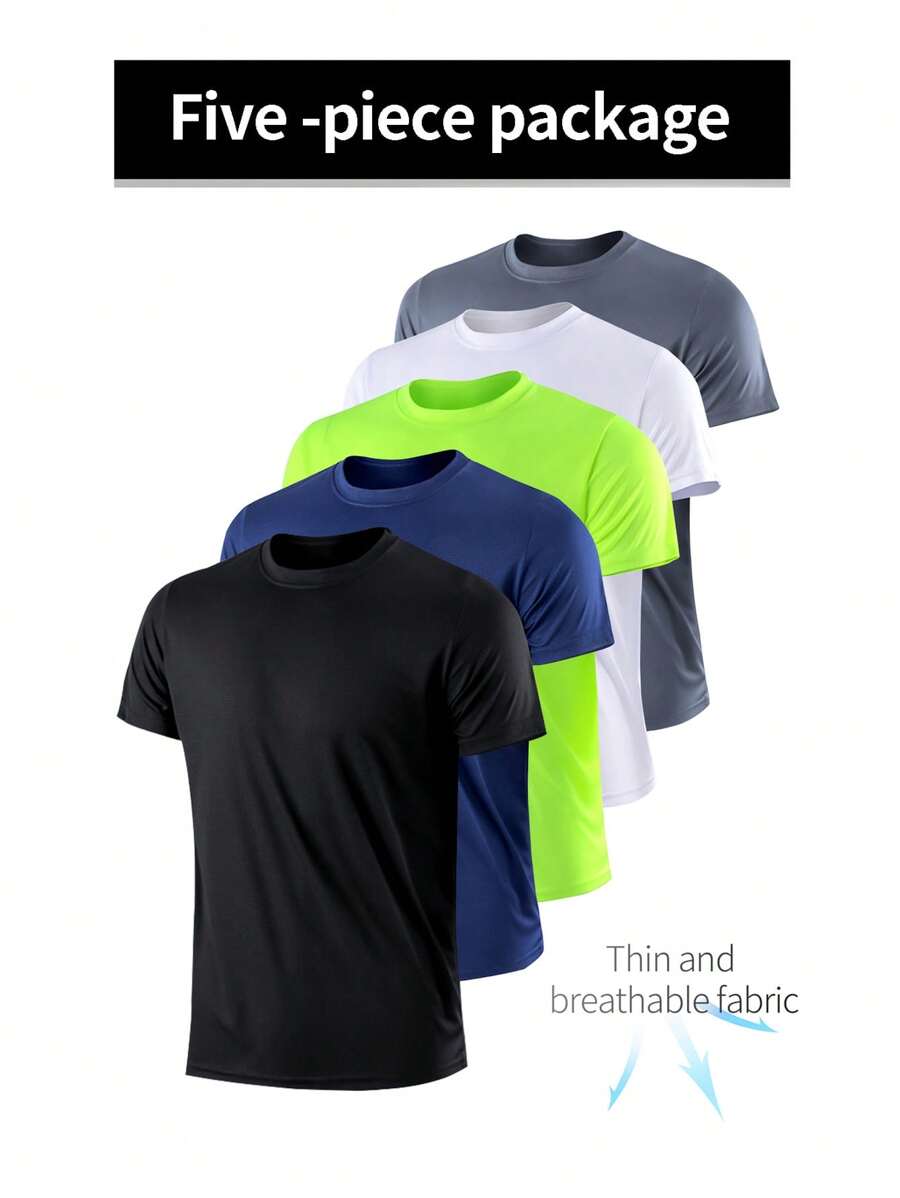 5pcs/Pack Men's Thin Sports Short Sleeve Lightweight Active T-Shirts, Round Neck Tees For Workout, Running, Fitness