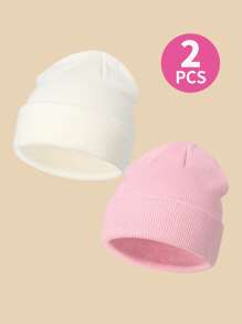 2 piezas Gorros de punto de unicolor, gorros lindos para bebés de 0 a 2 años, cobertura de cabeza casual suave y cálida para niños pequeños de 3 a 8 años - Multicolor - Ver 3