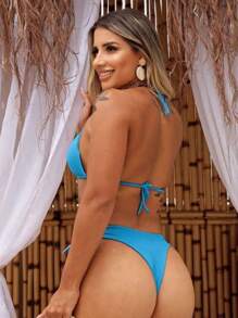 Ribbed Curtain Bikini With Removable Cup Double String Semi Thong Bikini Panties - Màu xanh lam - Xem 2