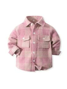 1 pieza Camisa de manga larga informal a cuadros rosa para niño pequeño, para otoño/invierno - Rosa - Ver 1