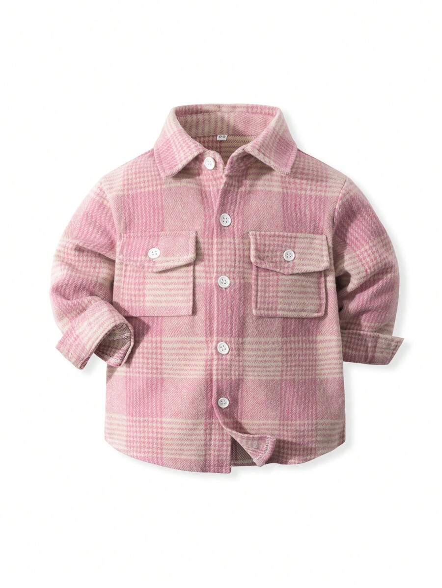 1 pieza Camisa de manga larga informal a cuadros rosa para niño pequeño, para otoño/invierno - Rosa - Ver 1