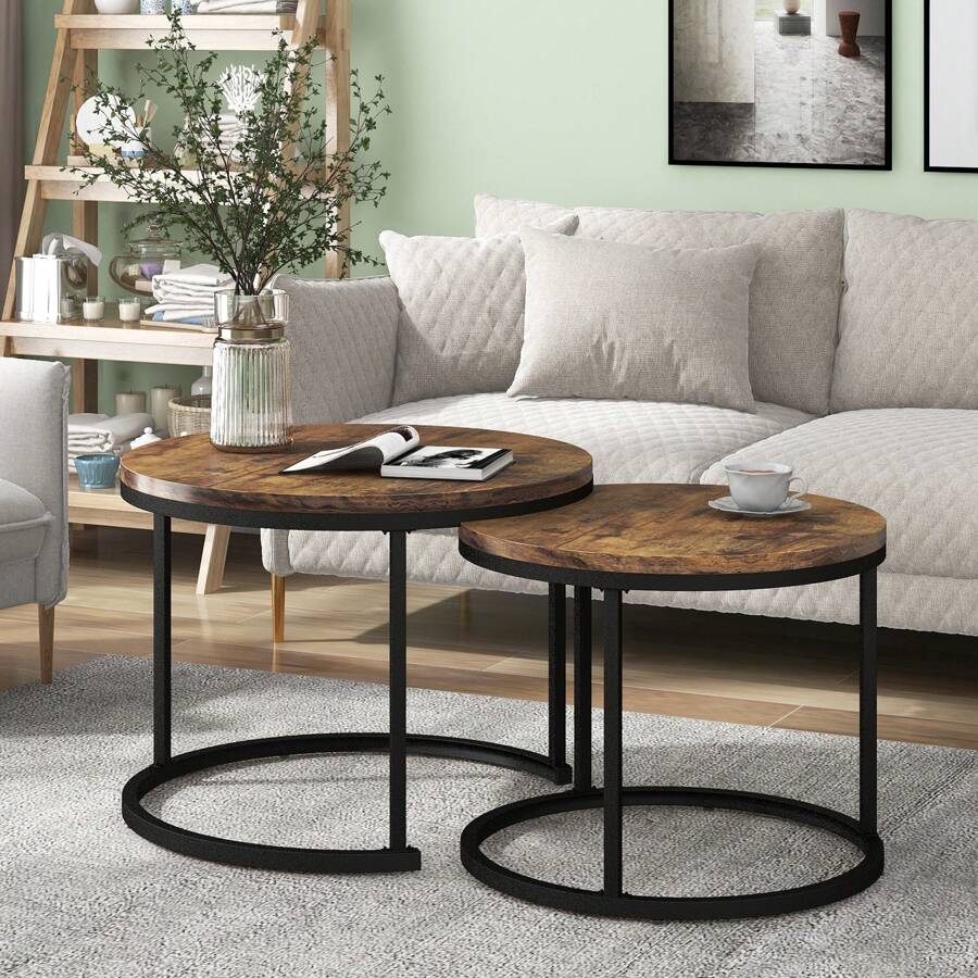 Wooden Built-In Coffee Table, Round Side Table With Wooden Top And Metal Frame For Living Rooms And Apartments - Brown - View 1