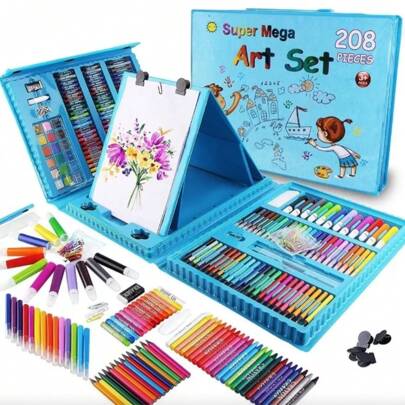 Set de Dibujo 208 Piezas, Kit de Arte con Caballete Portátil, Juego de Pintura Ideal para Niños, Material de Arte Escolar, Estudiantes