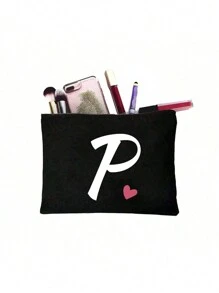 1pc Letter Print Patchwork Makeup Bag, Black Small Size, Letter A-Z, Makeup Pouch, Portable Toiletry Bag, Teacher's Day Gift, Reusable Makeup Bag, Women's Minimalist Large Capacity Travel Makeup Bag, Can Store Earphones, Accessories, Coin Purse, Multi-Functional Portable Women's Gift, Portable Casual Storage Bag, Makeup Bag, Cosmetic Organizer, Cosmetic Storage Bag, Makeup Pouch Make Up Bag - Black - View 24