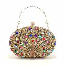 Circular Design Women Evening Bags Rhinestones Party Wedding Bridal Clutch Bag Diamonds Metal Peacock Animal Small Handbags With Chain Shoulder - Gold - View 8