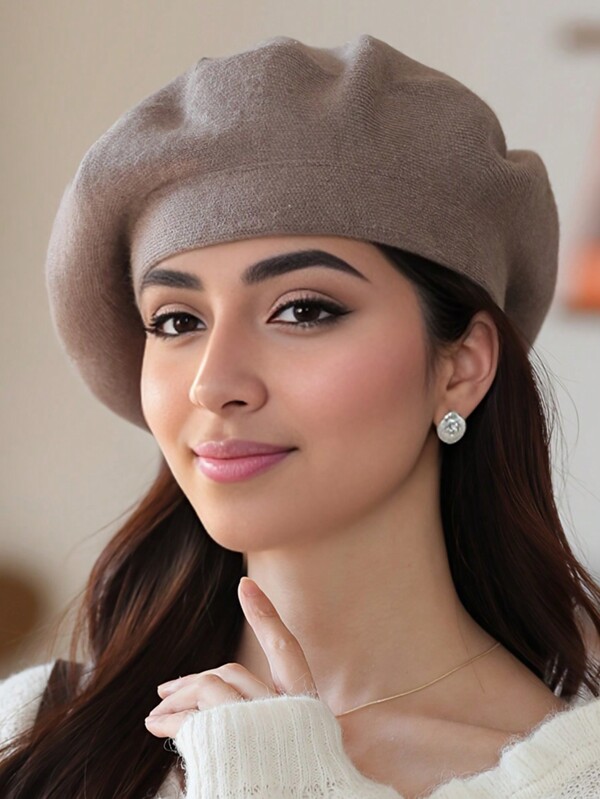 Knitted Wool Beret Hat For Women, Autumn Winter Korean Style Big Head Circumference Petite Look Painter Cap