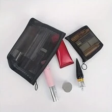 1 pieza/2 piezas/3 piezas Juego de organizadores de bolsas de cosméticos de malla transpirable, bolsa de aseo multifuncional para viajes, organizador de maquillaje plegable y profesional, bolsa calada pequeña, juego de viaje al aire libre para artículos de cuidado diario y almacenamiento de maquillaje, útiles escolares - Negro - Ver 8