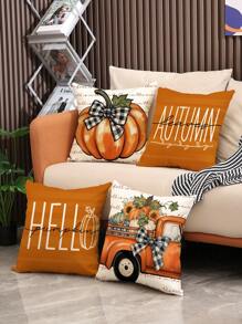 1pc/4pcs Autumn Thanksgiving Pumpkin & Letter Print Linen Throw Pillow Cover, 18*18 Inch/45x45cm, Home Decor, Bedroom, Sofa (Without Pillow Insert) - Multicolor - View 2