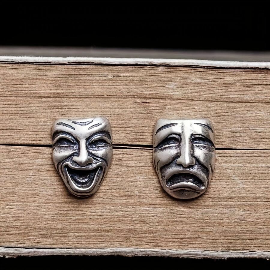 1 Pair Vintage Silver Punk Earrings, Gothic Style & Frown Face Ear Studs For Unisex Daily Wear And Party Jewelry Accessories Gift - Antique Silver - View 1
