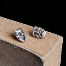 1 Pair Vintage Silver Punk Earrings, Gothic Style  & Frown Face Ear Studs For Unisex Daily Wear And Party Jewelry Accessories Gift - Antique Silver - View 2