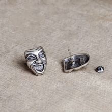 1 Pair Vintage Silver Punk Earrings, Gothic Style  & Frown Face Ear Studs For Unisex Daily Wear And Party Jewelry Accessories Gift - Antique Silver - View 5