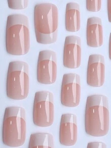 24pcs Medium Long Square Press On  Nails Gift SetGentle Classic White French EdgeFalse Nails For Girls And WomenWith 1 Jelly Gel 1 Filing Strip
