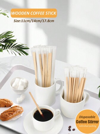 50pcs/100pcs/200pcs Disposable Individually Wrapped Wooden Coffee Stirrers, Bulk Discounted Family Packs, Clean & Sanitary, Natural Wood, 3 Size Options: 4.33in/5.51in/7in, For Juices, Teas, Milk Drinks, Home, Outdoor, Party Use