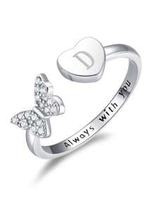 GAGAFEEL 1 chiếc nhẫn bạc S925 Sterling Silver đính đá Cubic Zirconia hình bướm và trái tim, khắc chữ "Forever With You", có thể mở ra, quà tặng sinh nhật cho nữ. - Bạc - Xem 9