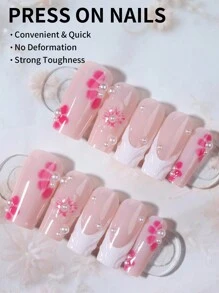 Bộ 24 móng tay giả bằng gel 3D đầu vuông kiểu Pháp, móng tay giả dạng hoa gel cỡ trung với thiết kế ngọc trai giả bằng acrylic, bao gồm 1 keo dán và 1 giũa móng, móng tay giả 3D đầu vuông kiểu Pháp dễ sử dụng, dùng cho nữ, làm việc hàng ngày, lễ hội, tiệc tùng, đồ dùng làm móng - Nhiều màu - Xem 2