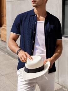 Men's Short-Sleeved Casual Knitted Textured Button-Down Polo Shirt (With Pockets) Suitable For Daily Wear And Travel - 藏蓝色 - 查看 3