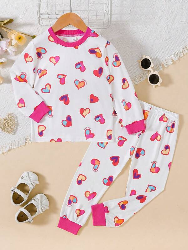 Conjunto de ropa de estar en casa con estampado de corazón para niñas, apto para todas las estaciones